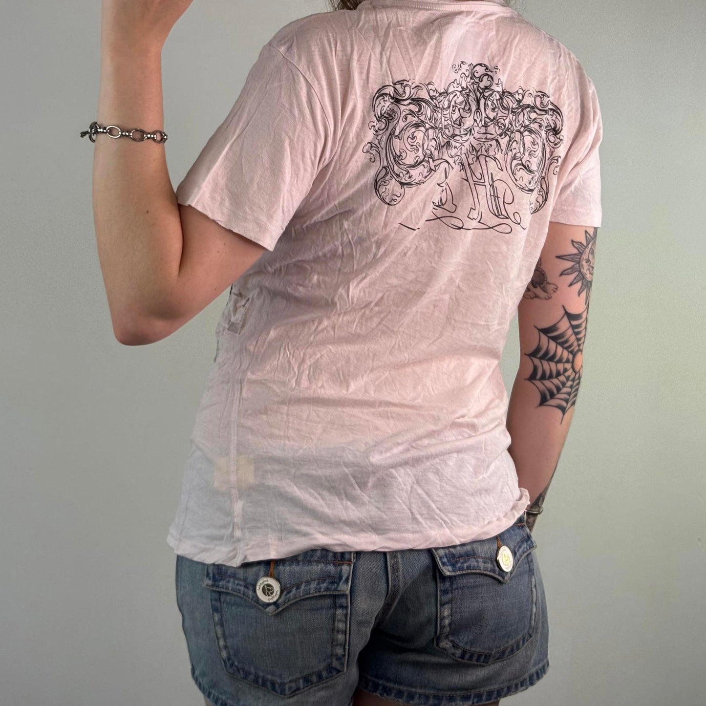 Y2K vintage sheer baby pink t shirt graphic print filigree text jesse pinkman