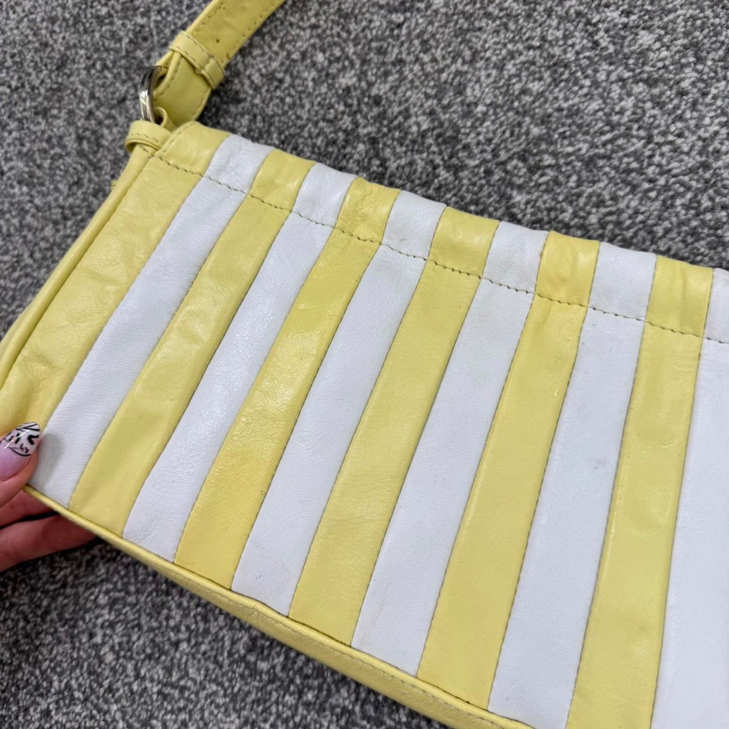 Y2K vintage genuine leather mini shoulder bag striped yellow white summer