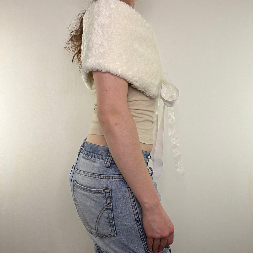 Y2K vintage white faux fur shawl cover up bow