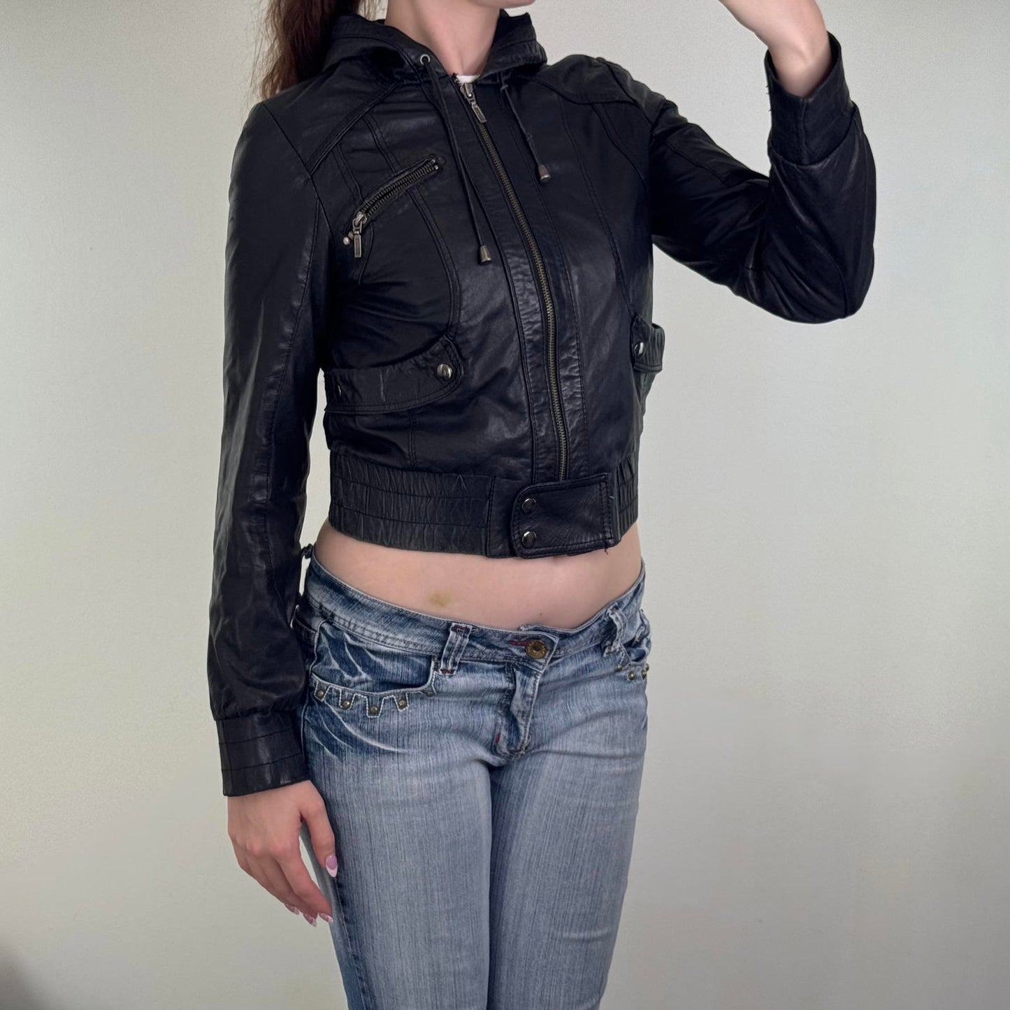 Y2K vintage genuine leather zip up jacket crop short length elastic waist hood