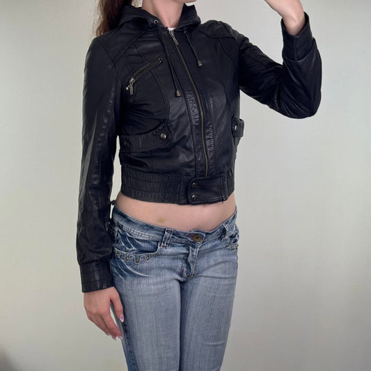 Y2K vintage genuine leather zip up jacket crop short length elastic waist hood