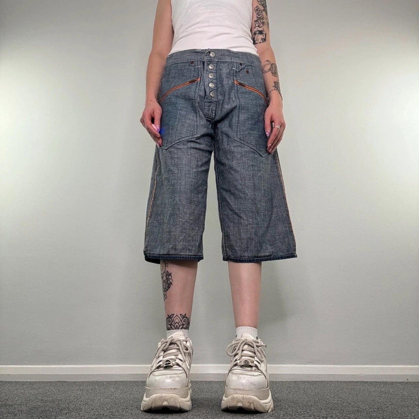 Y2K vintage Evisu reversible jorts denim shorts cropped capri baggy wide leg