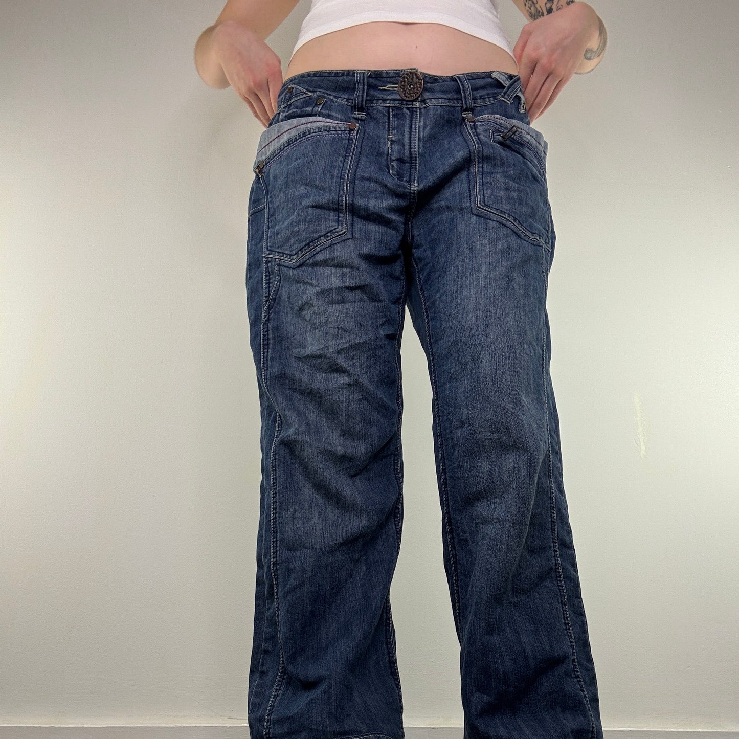 Y2K vintage slouchy baggy jeans faded denim mid rise two tone utility cargo