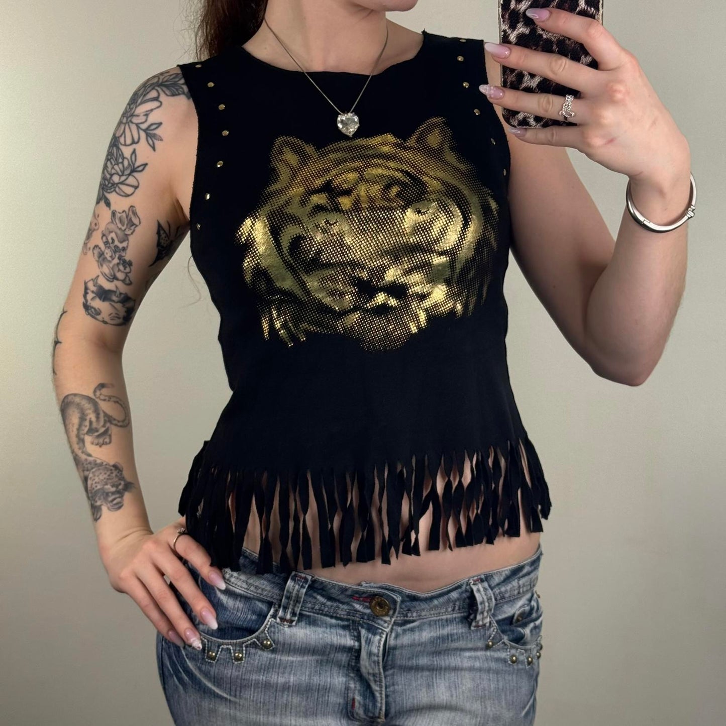 Y2K vintage Bay tank top tiger fringe gold black stretchy sleeveless top studded