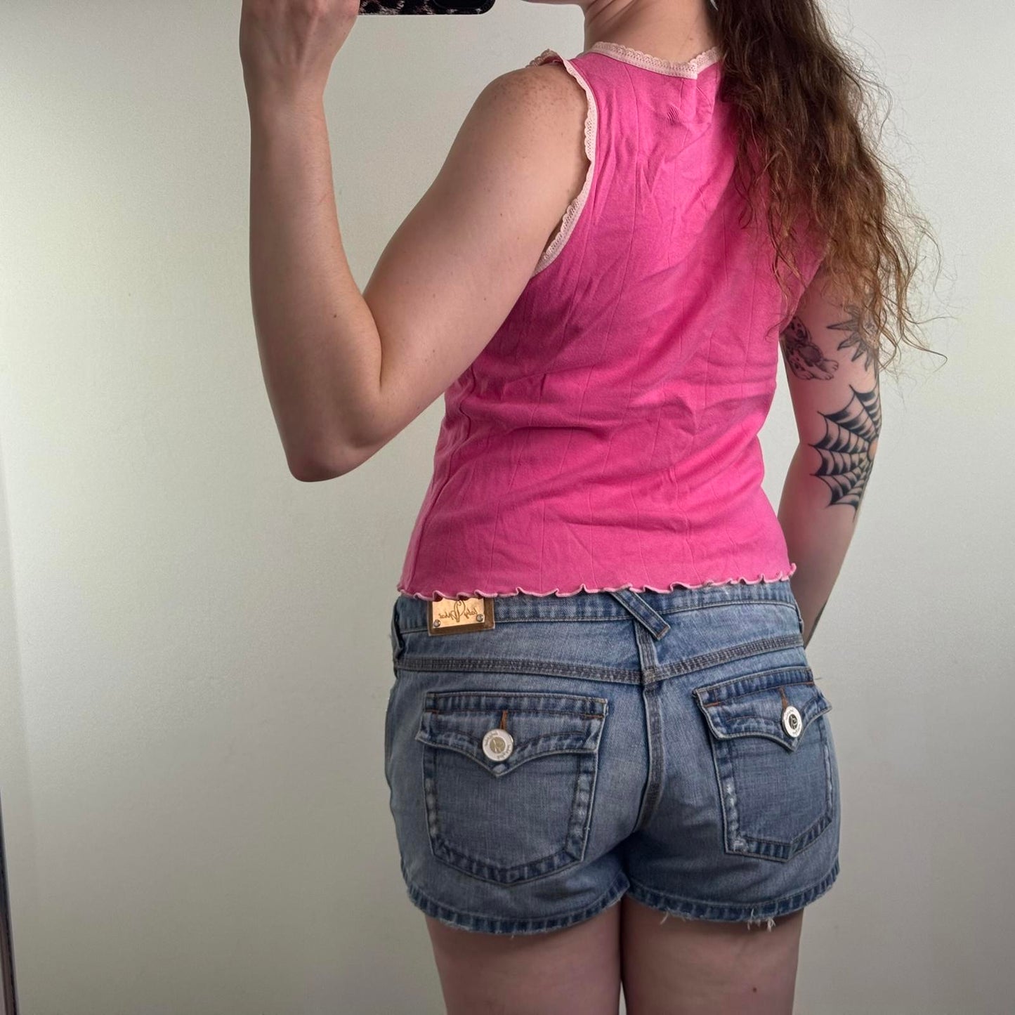 Y2K vintage slogan tank top lace trim lettuce hem hot baby pink round neck