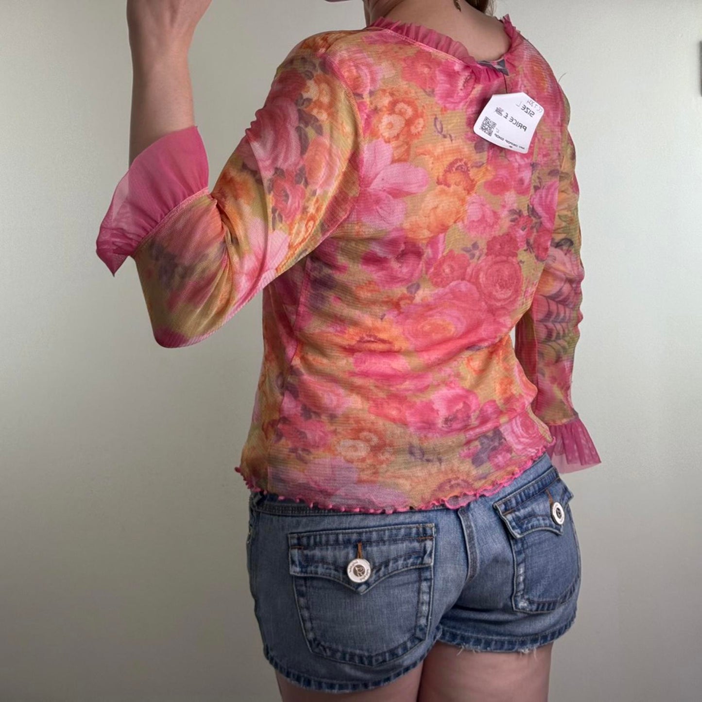 Y2K vintage floral double mesh overlay 3/4 sleeve top v neck frill pink orange
