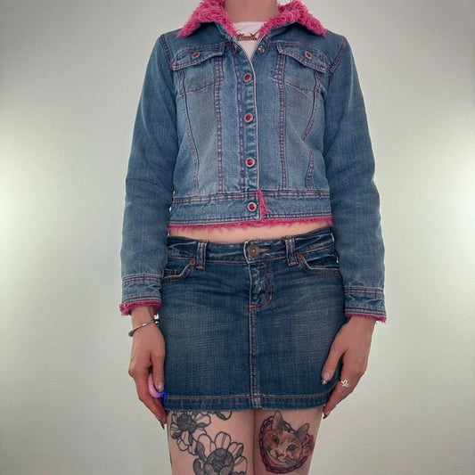 Y2K vintage denim pink faux fur trim rhinestone denim jacket cropped short