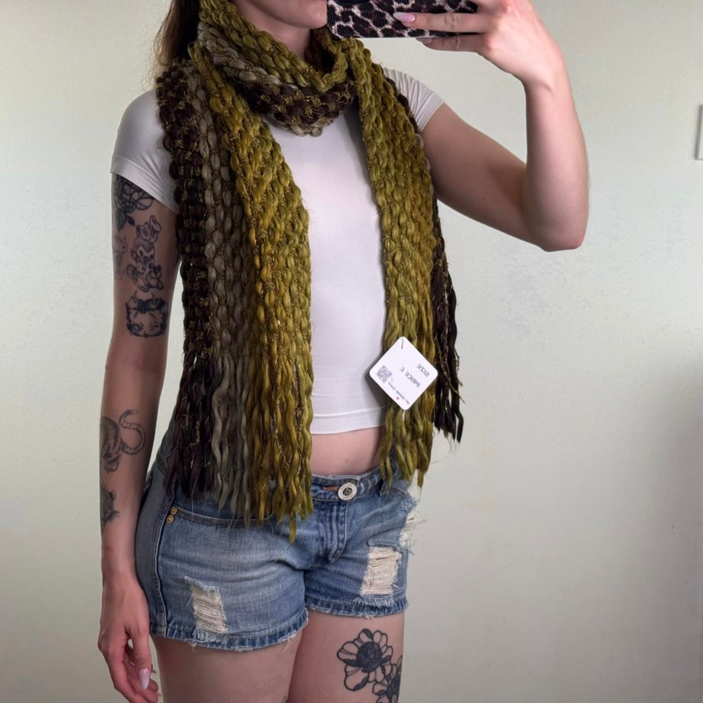 Y2K vintage chunky knit sparkly scarf two tone green brown tassel thick