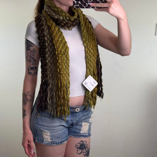 Y2K vintage chunky knit sparkly scarf two tone green brown tassel thick