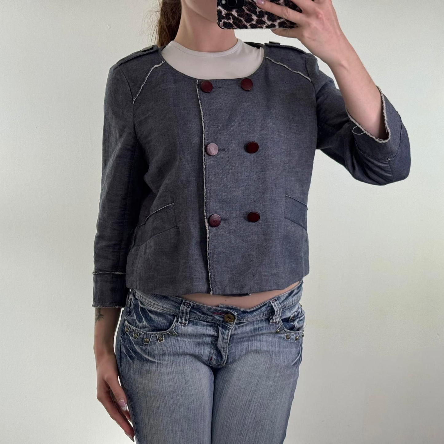 Y2K vintage linen blend pea coat lightweight jacket cropped 3/4 sleeve
