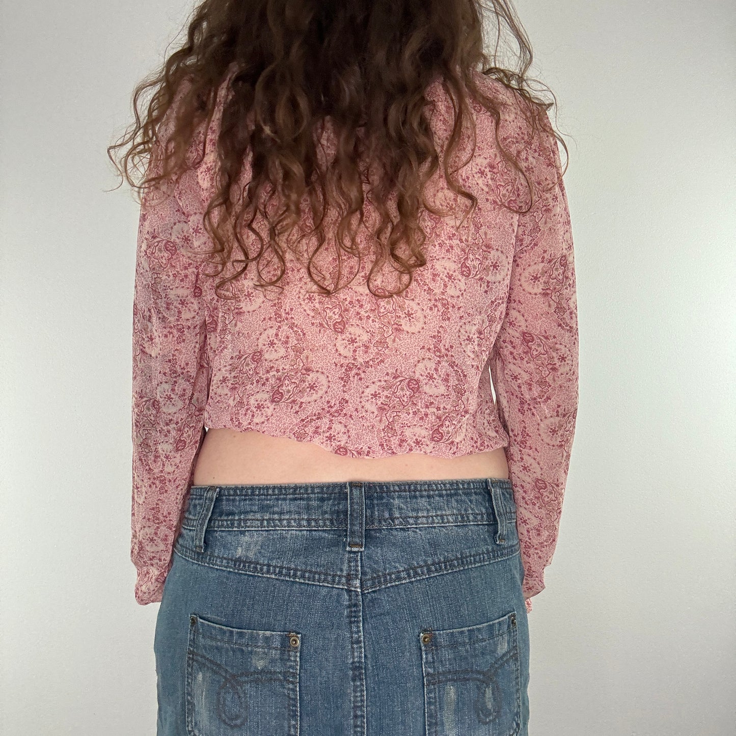 Y2K floral elastic waist sheer long sleeve top