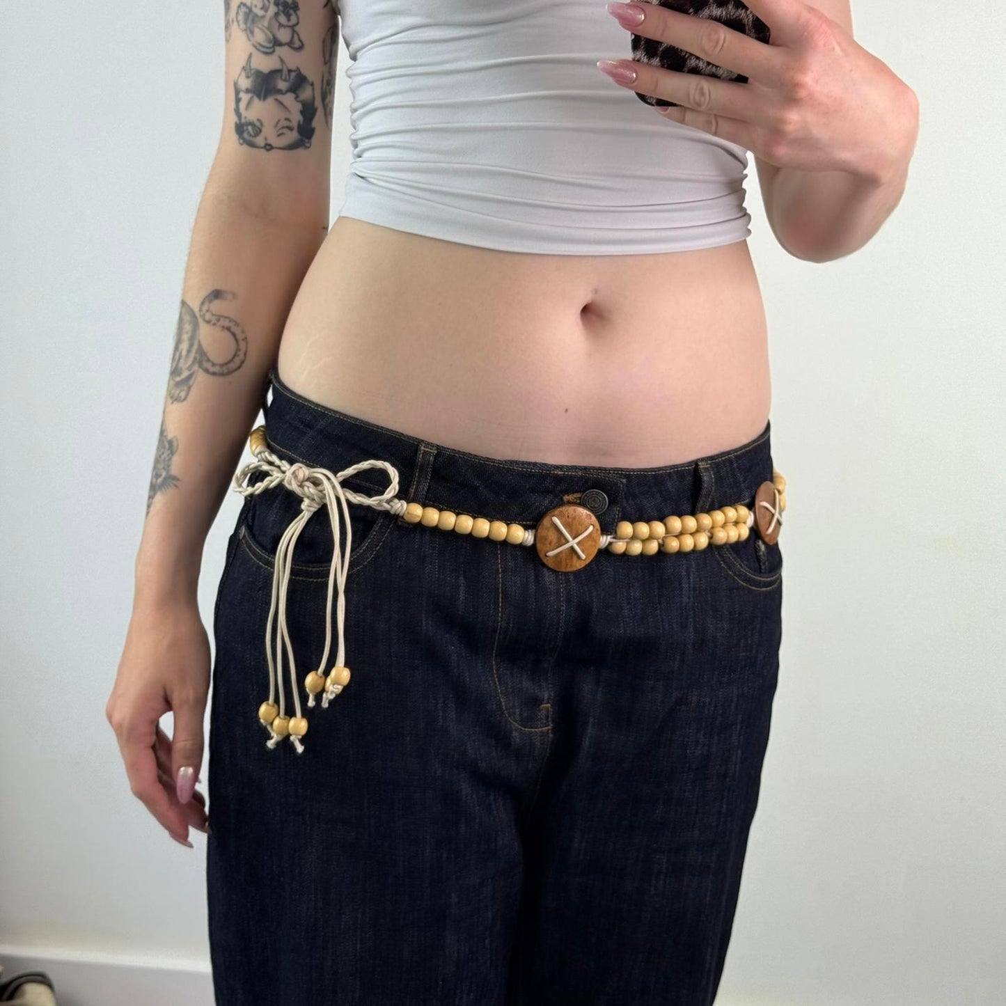 Y2K vintage wooden beaded string bow belt light brown beige adjustable