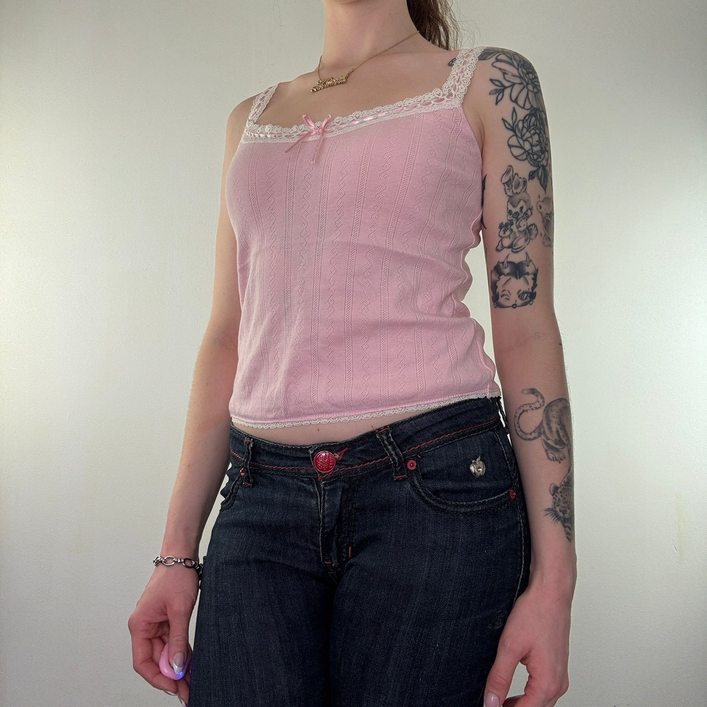 Y2K vintage pink lace trim knitted bow cami top