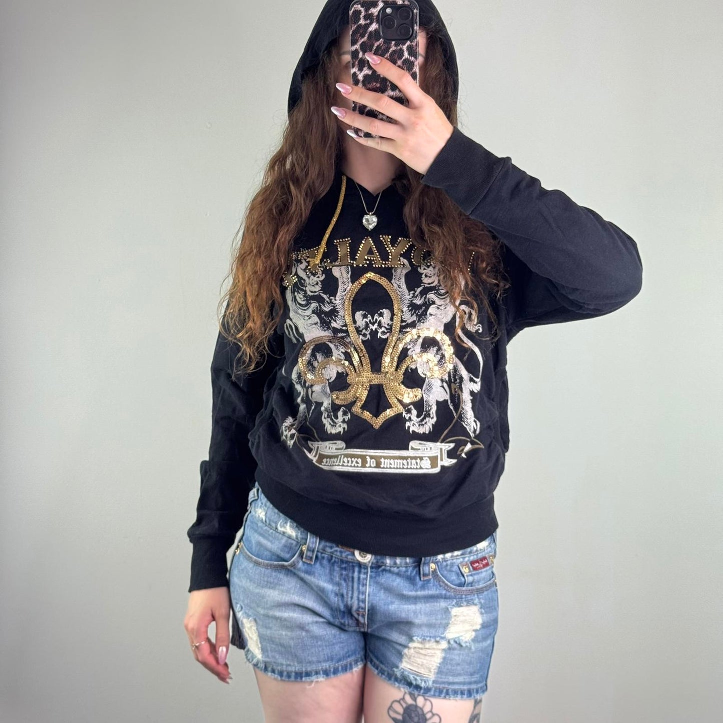 Y2K vintage lightweight hoodie filigree sequin studded graphic print mcbling