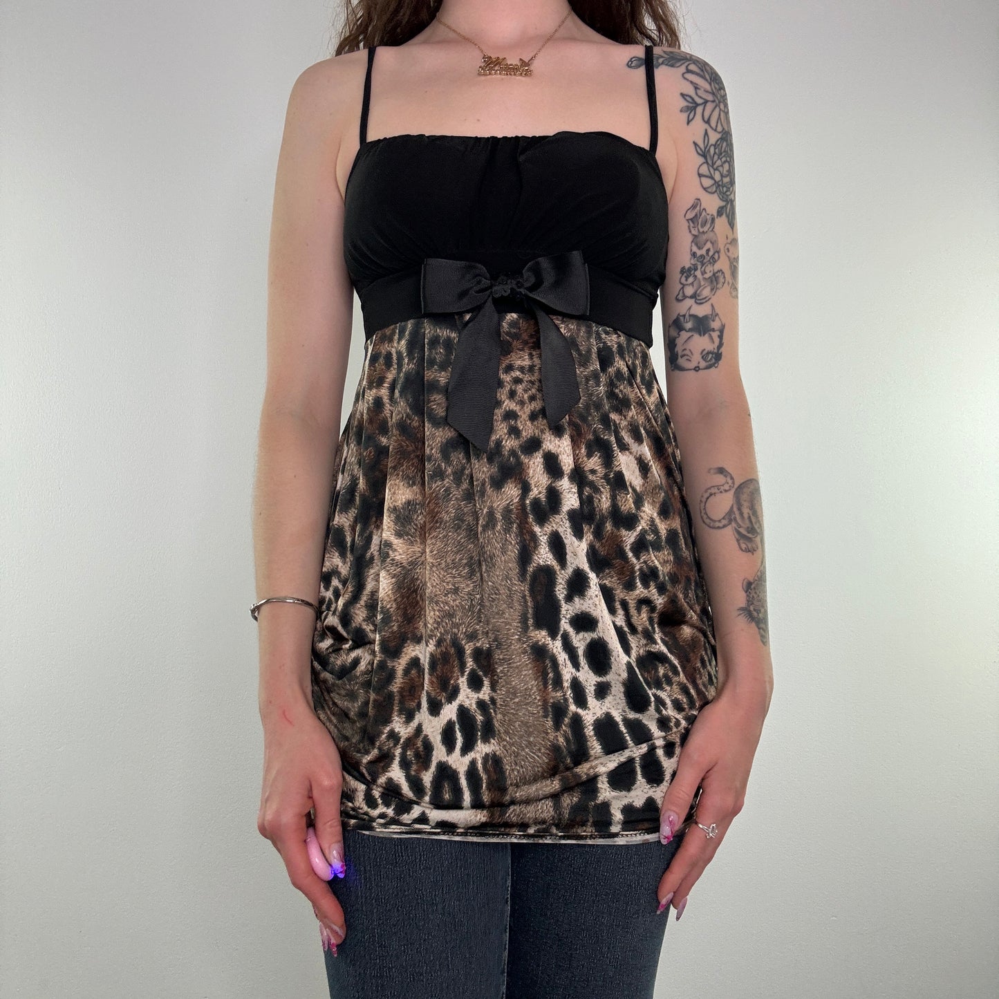 Y2K vintage leopard print bow slinky top