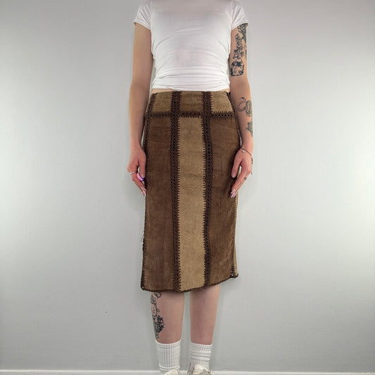 Y2K vintage suede patchwork midi skirt