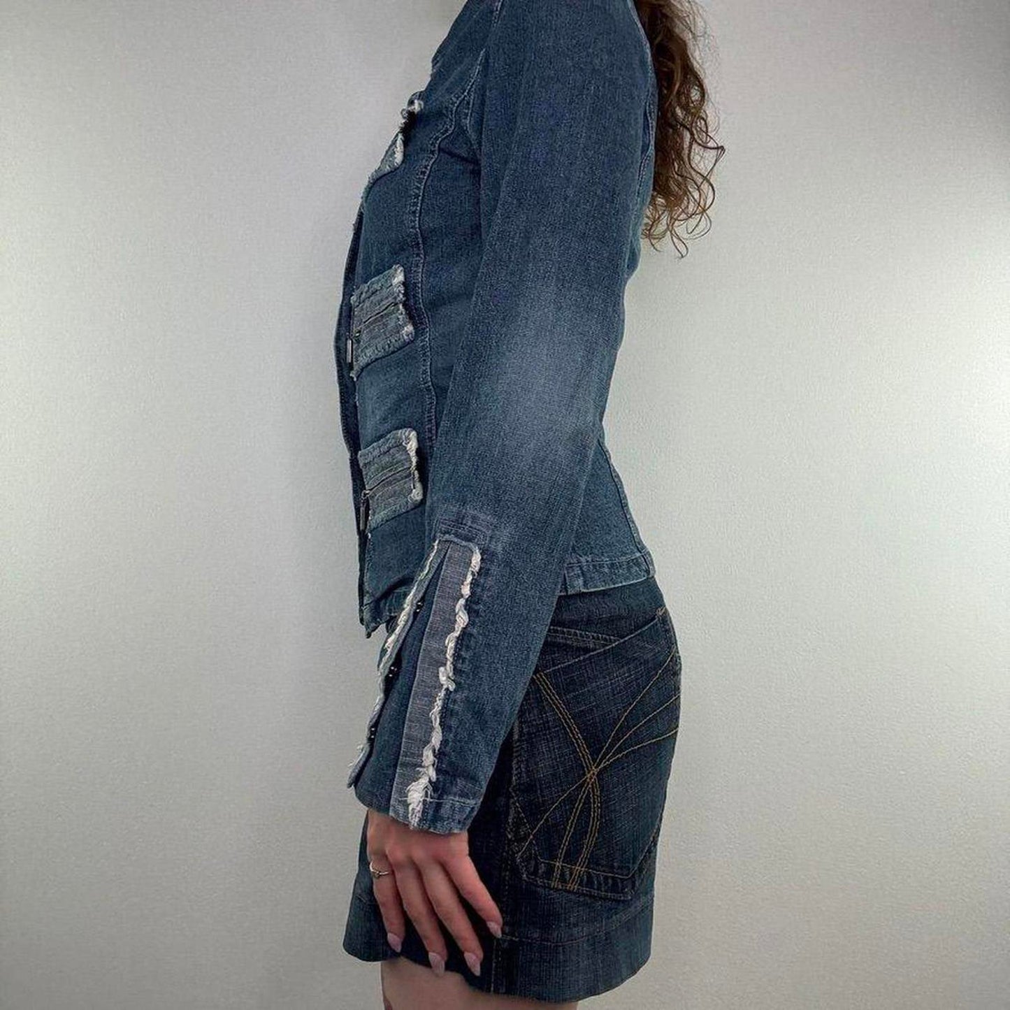 Y2K vintage Miss Posh military fitted faded denim jacket fraying contrast blue