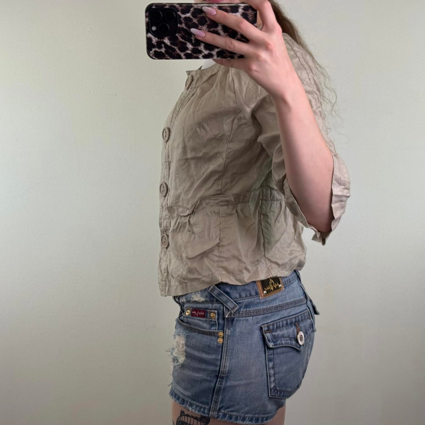 Y2K vintage 100% pure linen lightweight button up jacket short length 3/4 sleeve