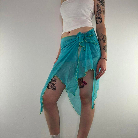 Y2K vintage sarong swim beach cover up sheer fairy bow blue green asymmetrical