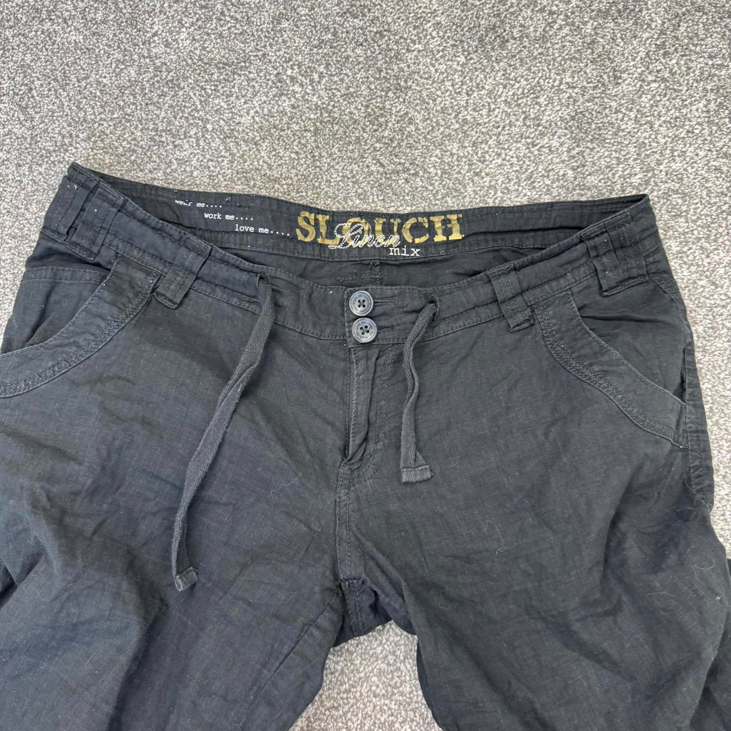 Y2K vintage linen mix low rise cargo pants baggy trousers black drawstring flare