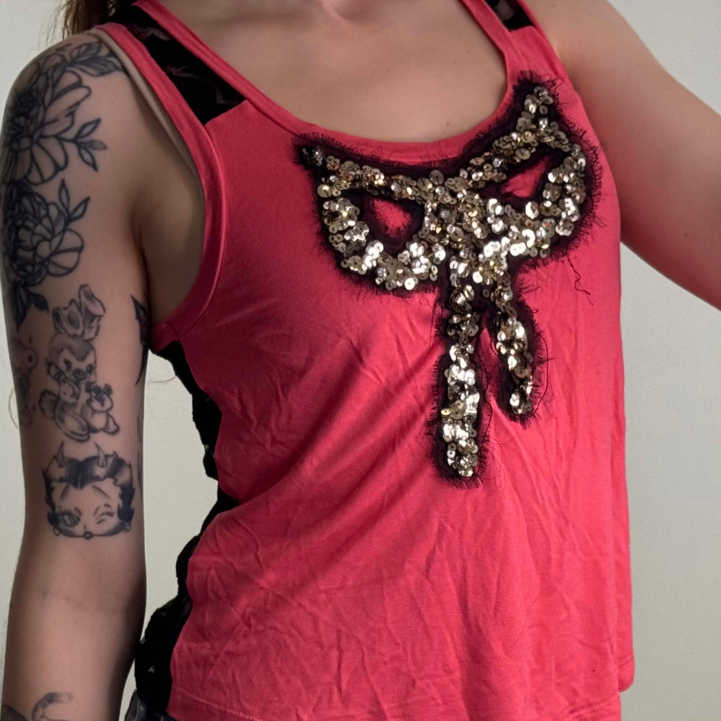 Y2K vintage bow sequin lace sheer back tank top fraying round neck slouchy