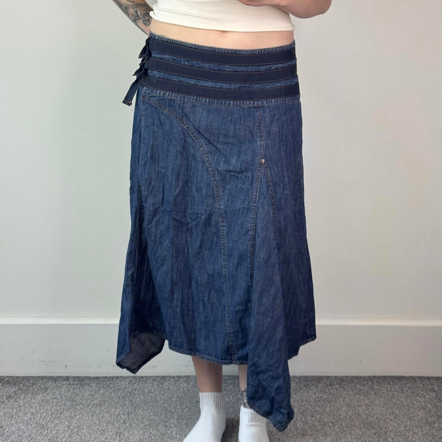 Y2K vintage denim asymmetrical maxi skirt a line floaty contrast stitching