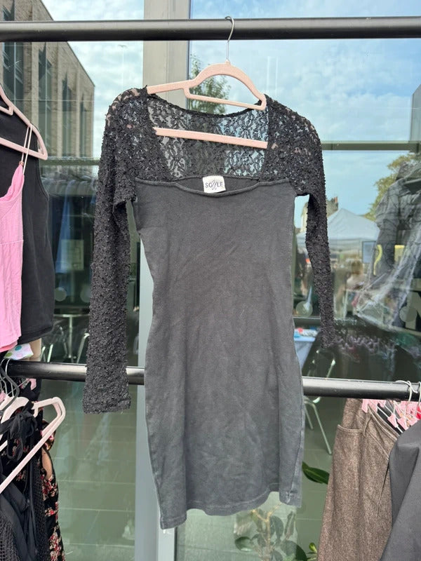 Vintage Y2K 2000s mini dress sheer lace long sleeves