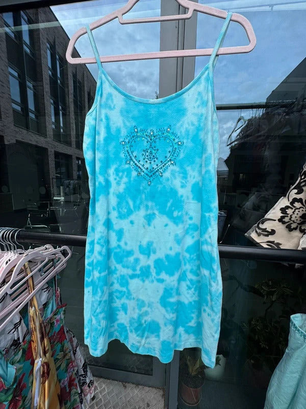 Vintage 2000s tie dye heart sequin beaded mini dress