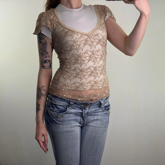 Y2K vintage Per Una mesh floral lace deep v neck top sheer frill short sleeve