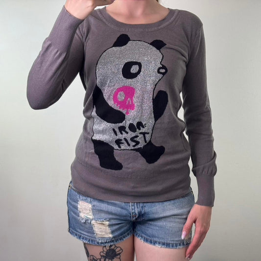 Y2K vintage Iron Fist panda fine knit jumper sparkly graphic print cute