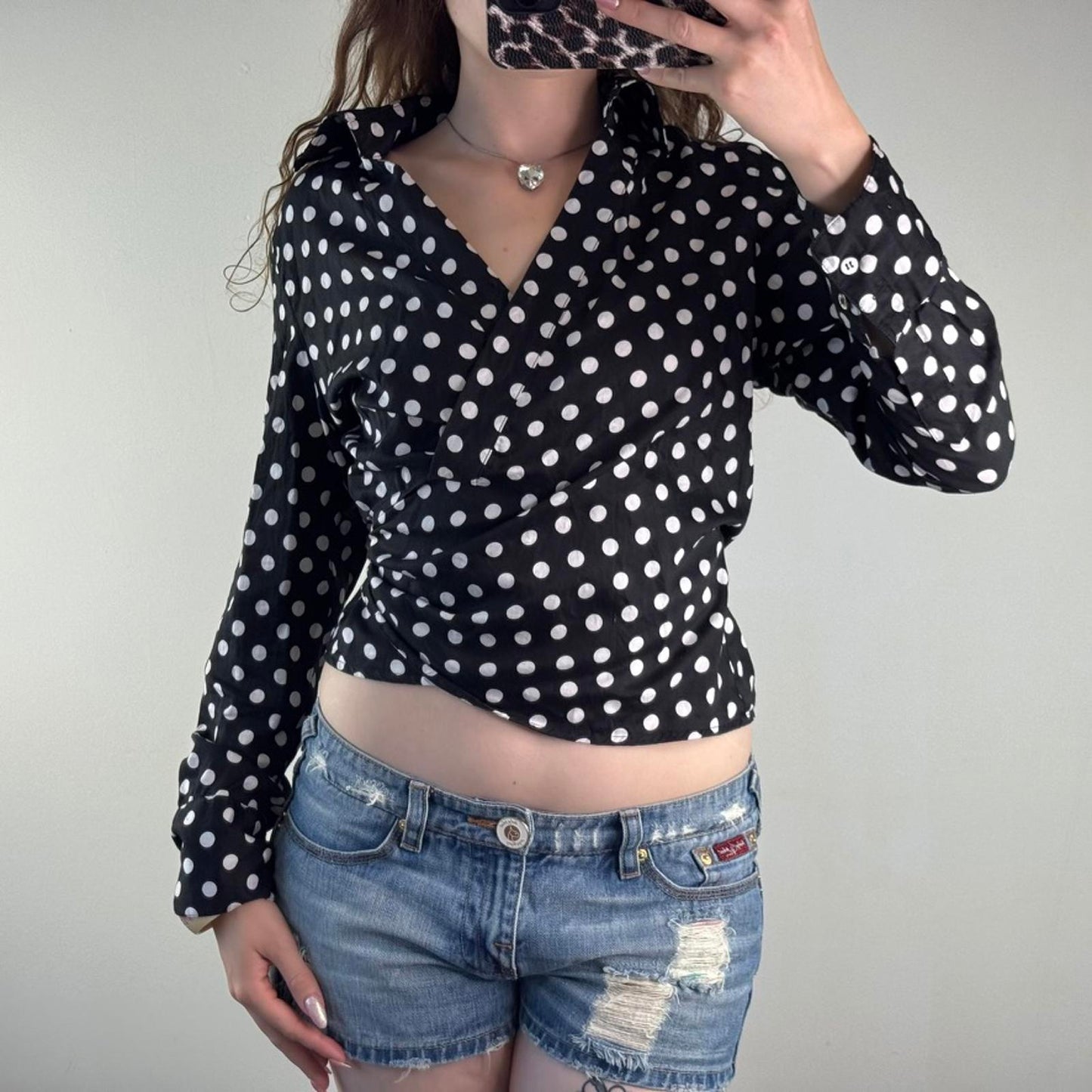 Y2K vintage polka dot wrap around long sleeve shirt v neck bow spotty