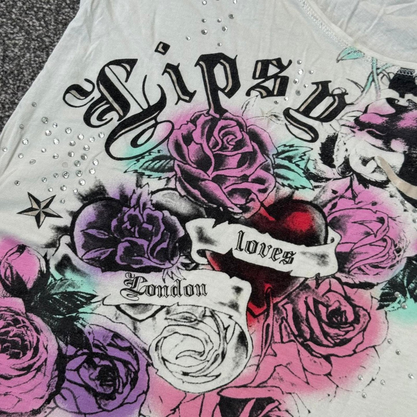 Y2K vintage tattoo graphic print rhinestone baggy tank top