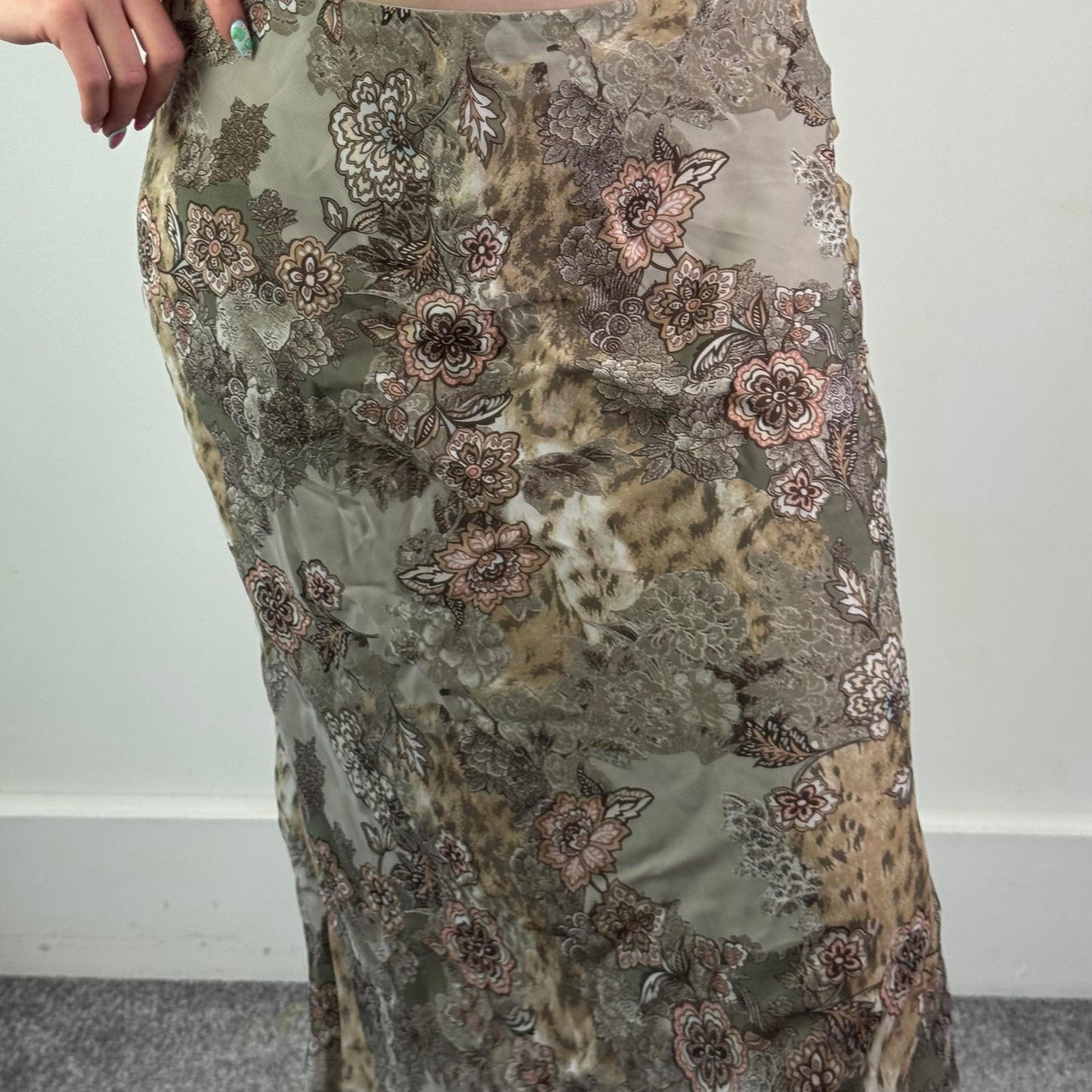 Y2K vintage midi skirt floral print leopard stretch knee length khaki pink brown