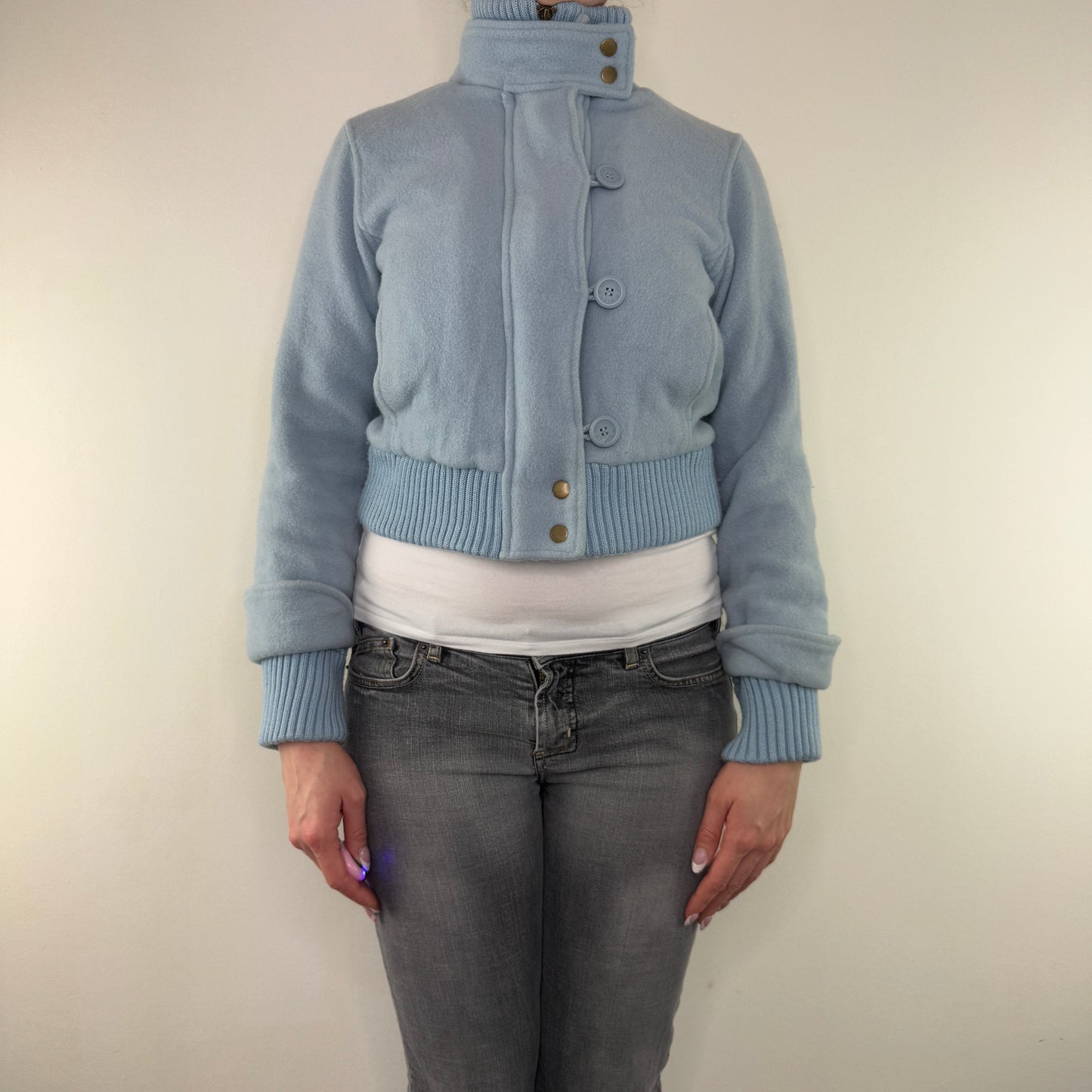 Y2K vintage short jacket wool zip up cropped baby blue buttons knit cuffs