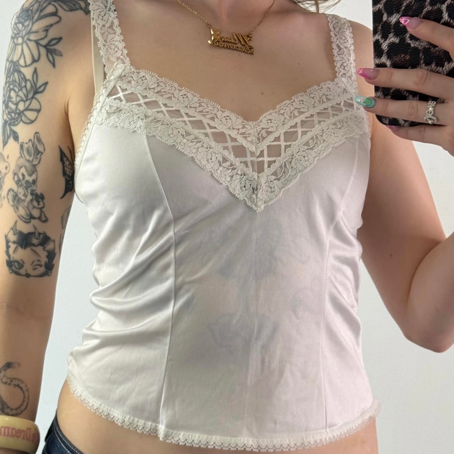 Y2K vintage sheer lingerie cami top v neck lace trim straps white small