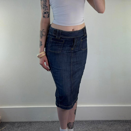 Y2K vintage fitted denim midi skirt dark blue cargo pockets vent slit mid rise