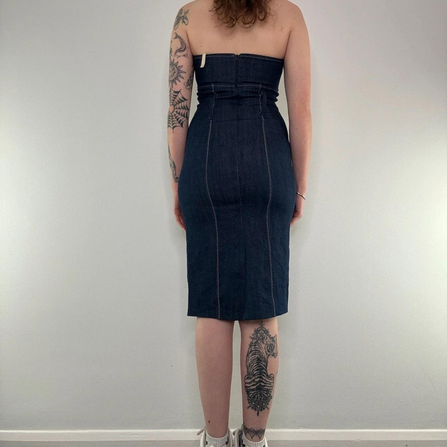 Y2K vintage fitted strapless denim midi dress contrast stitch