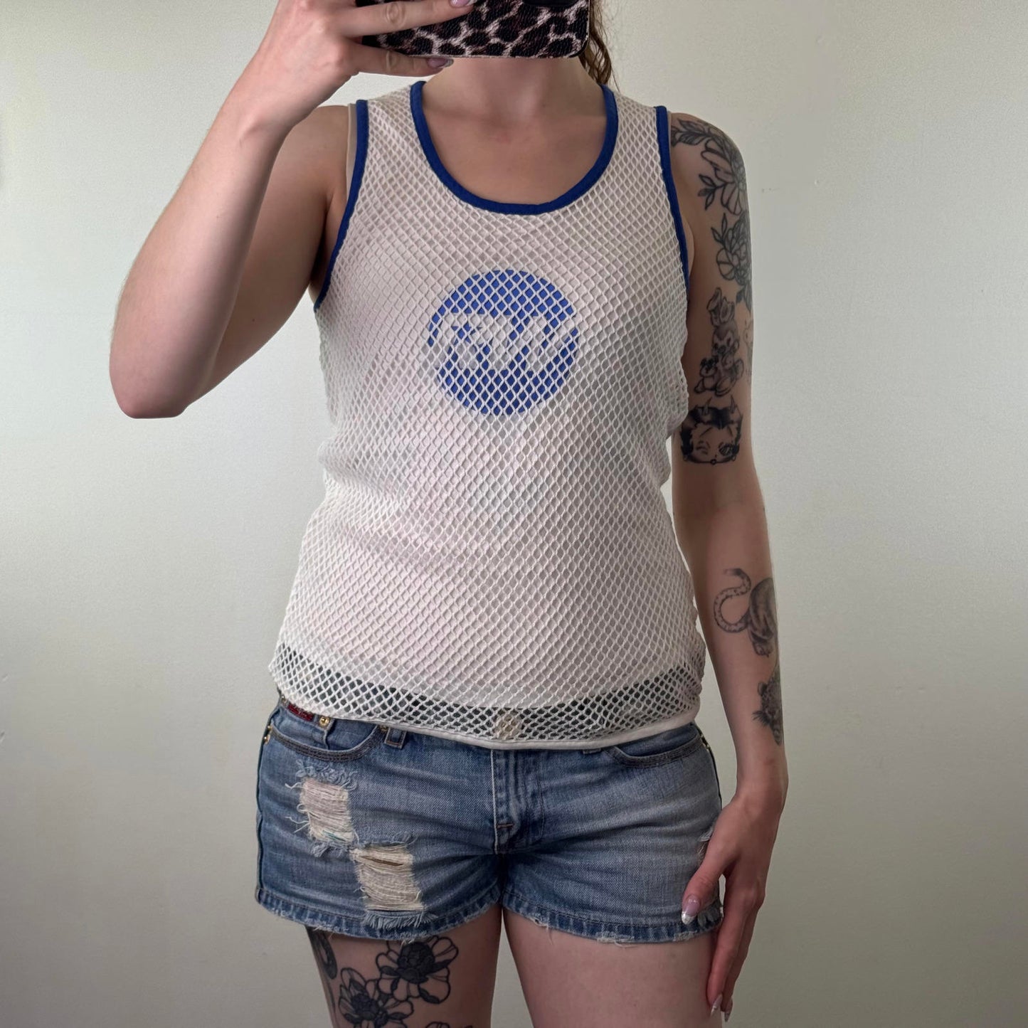 Y2K vintage Robbie Williams tank top netted round neck double layer blue ringer