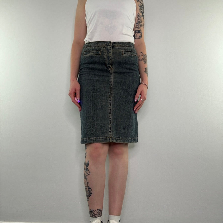 Y2K vintage stretchy faded denim archive midi skirt