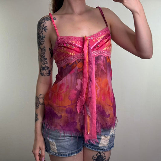 Y2K vintage lace sequin cami top trim flowy ribbon sparkly fraying hem floral