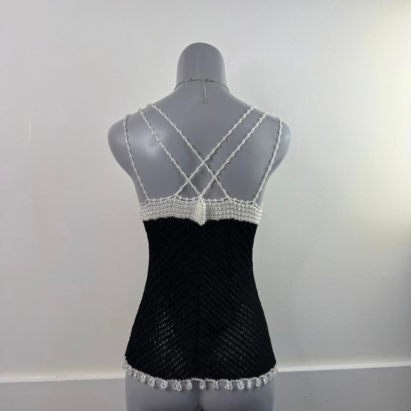 Y2K vintage crochet beaded sheer knit tank top strappy racerback chevron print