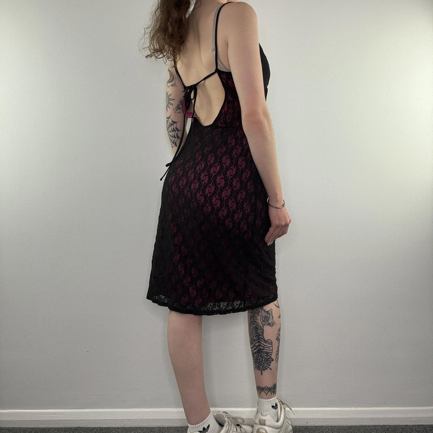 Y2K vintage midi dress mesh overlay floral lace open low back bow pink black