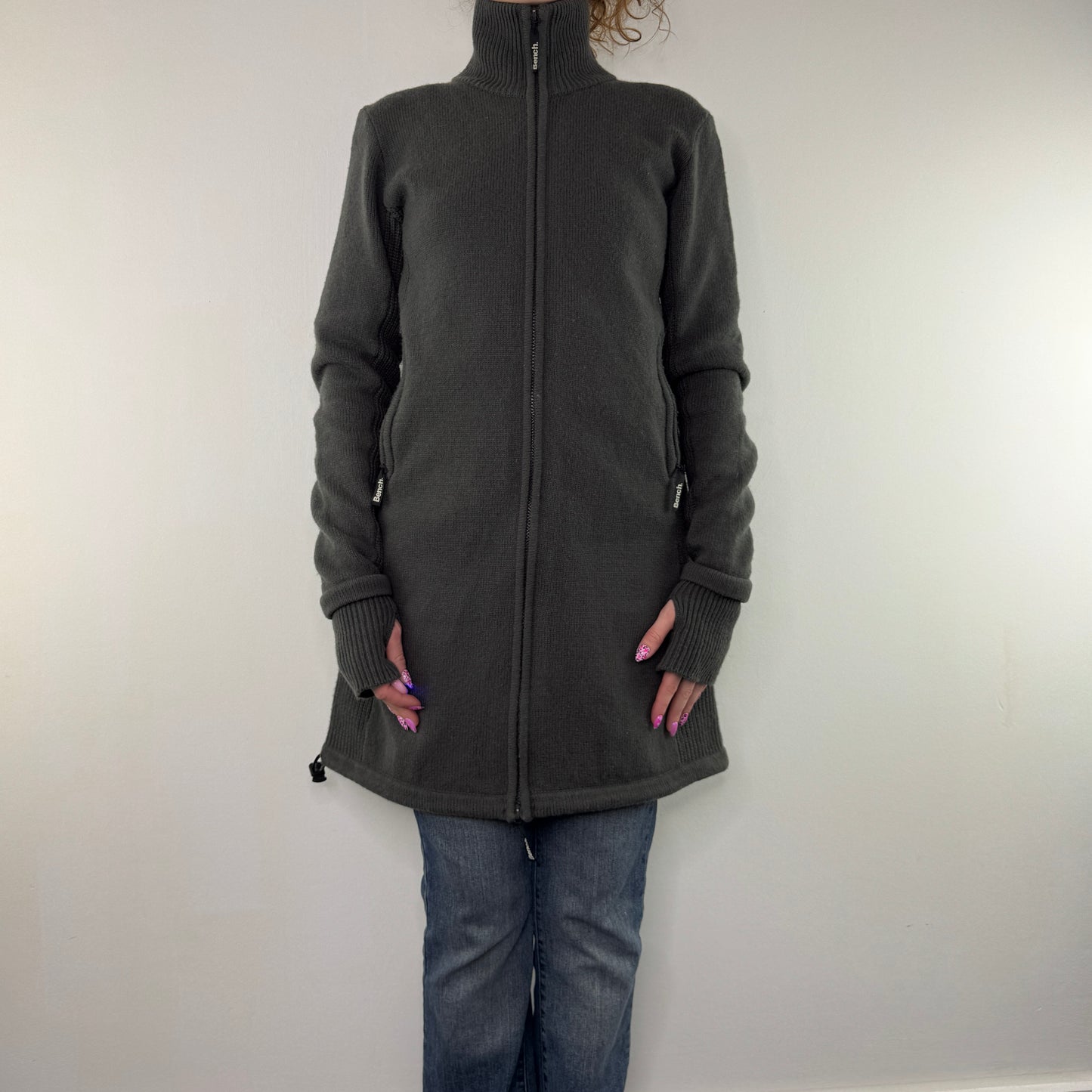 Y2K vintage Bench knit long length zip up fitted cardigan