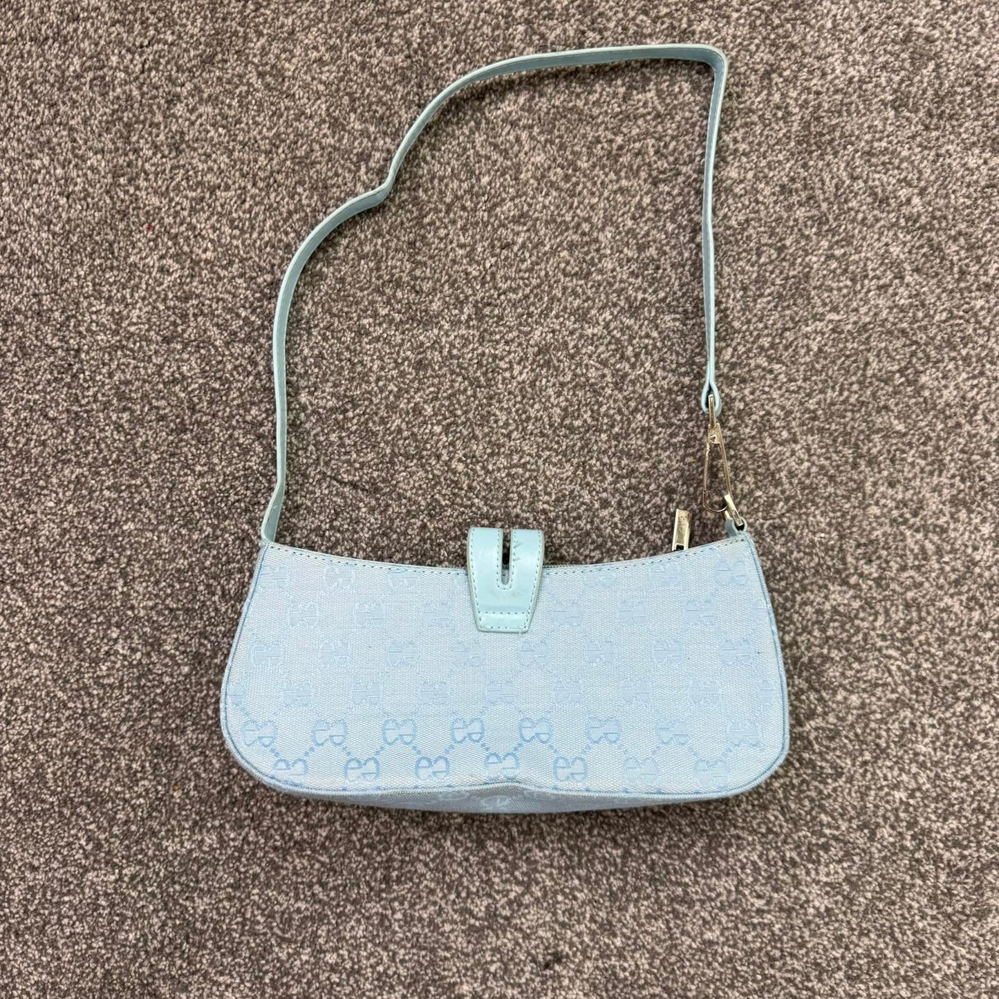 Y2K vintage canvas mini shoulder bag baby blue baguette silver