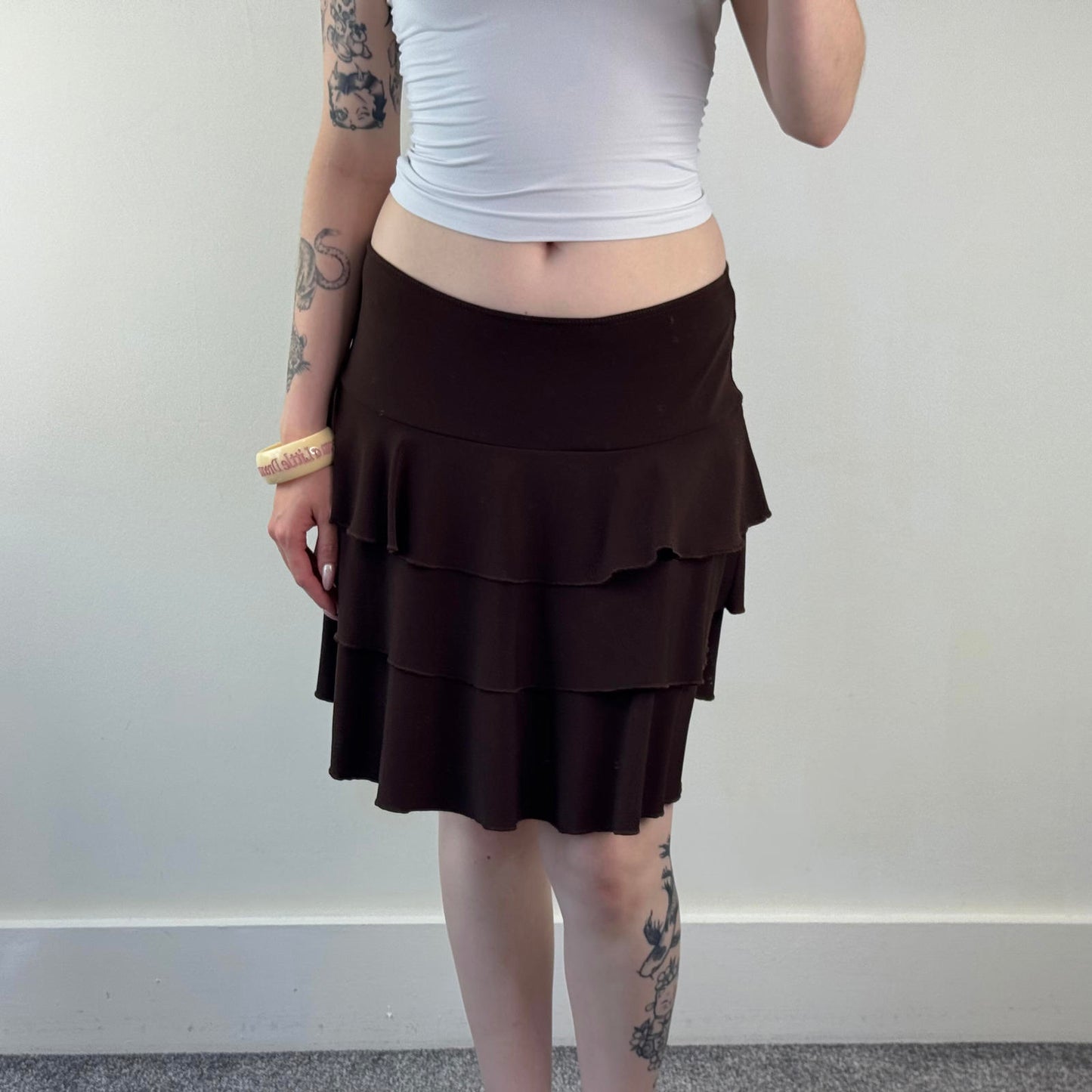 Y2K vintage tiered midi skirt stretchy knee length brown a line