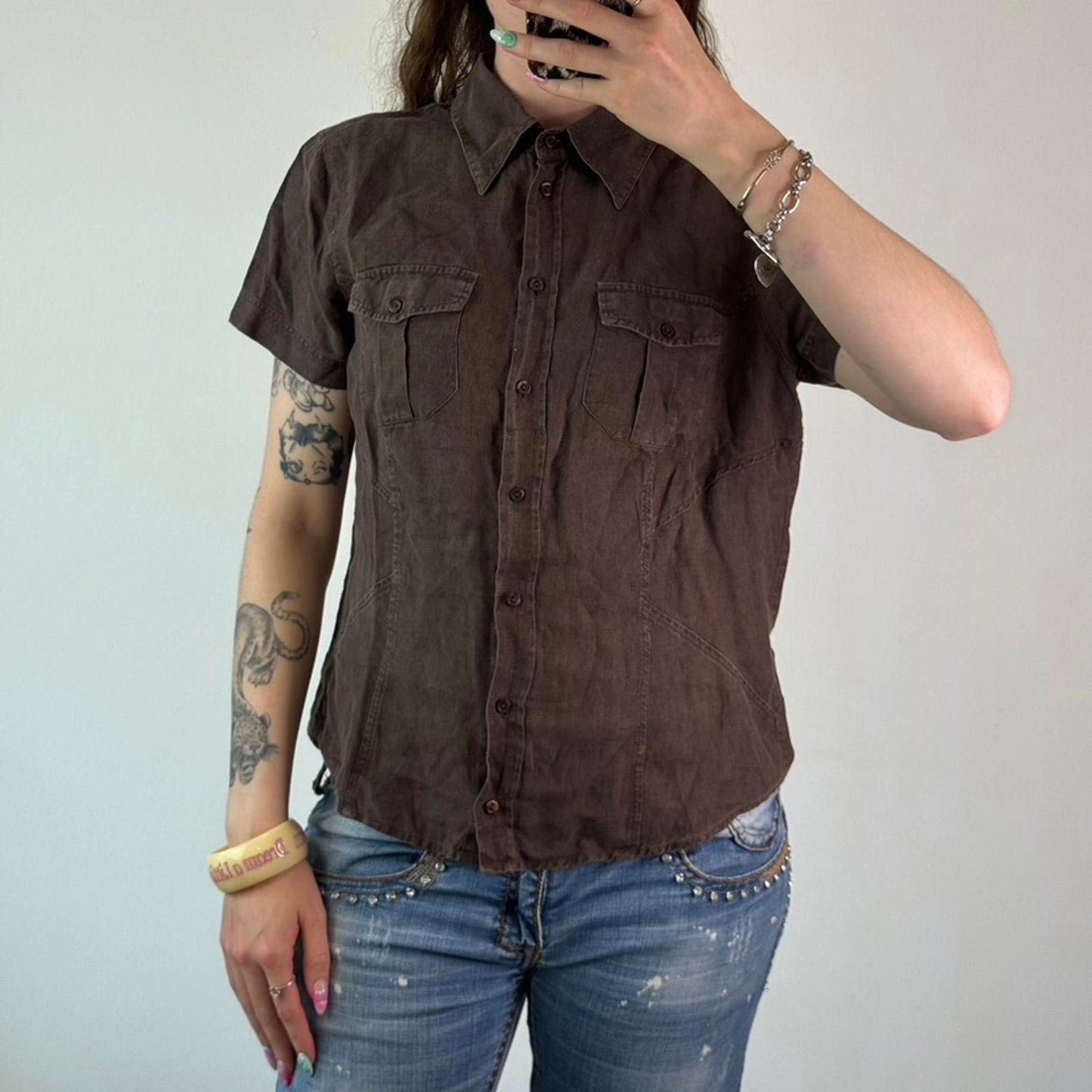 Y2K vintage 100% linen button up short sleeve shirt blouse cargo pockets