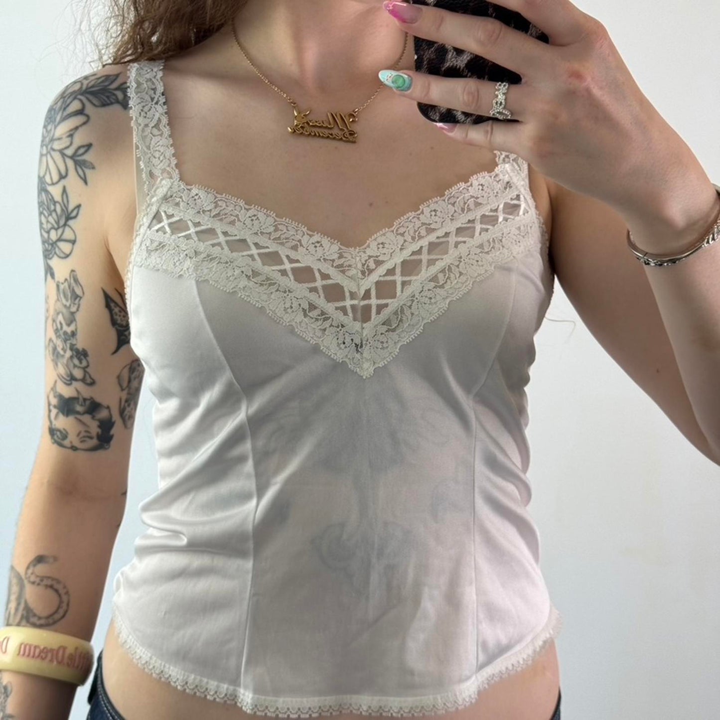 Y2K vintage sheer lingerie cami top v neck lace trim straps white small