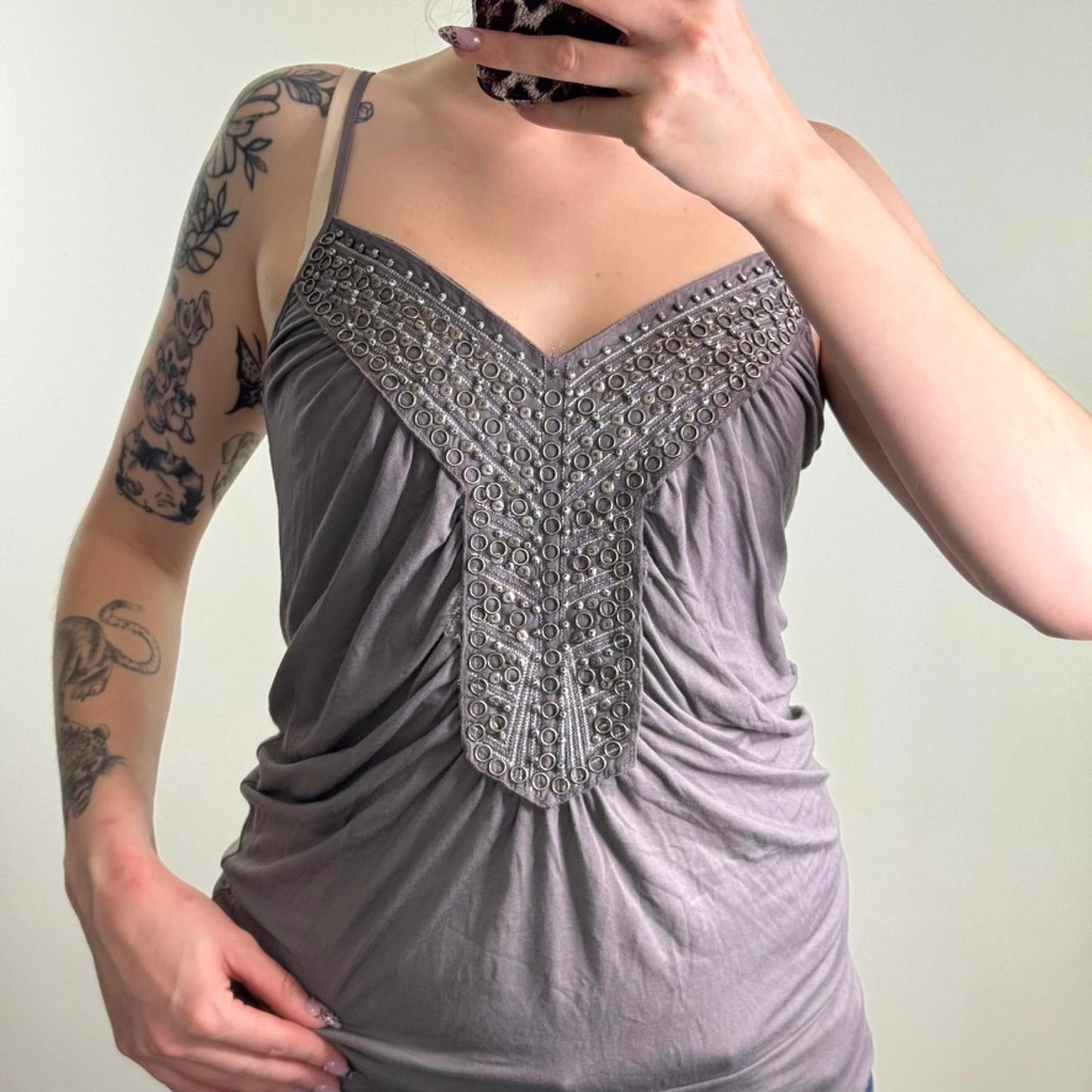 Y2K vintage beaded ruched slouchy cami top strappy embellished embroidery baggy