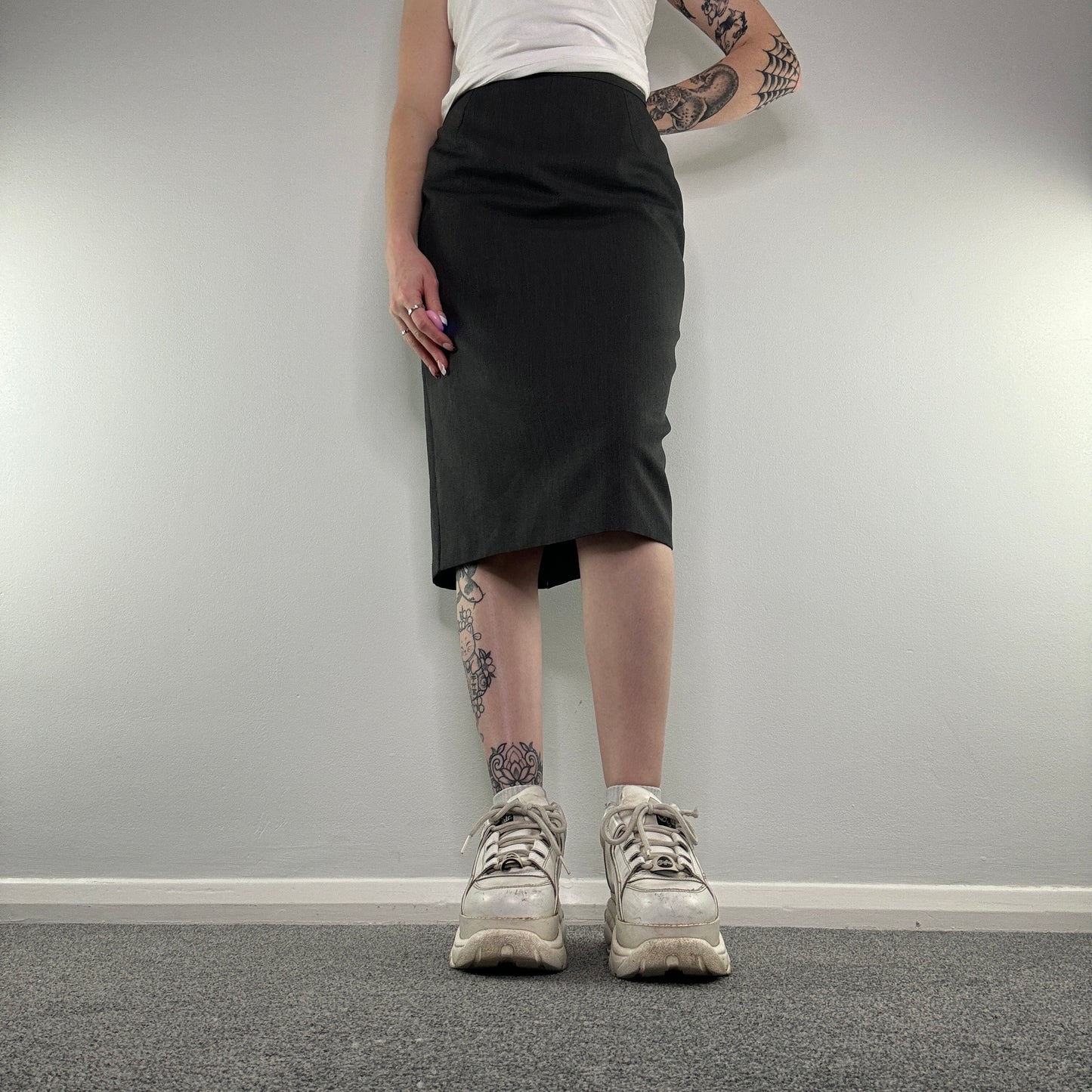 Y2K dark grey office midi skirt