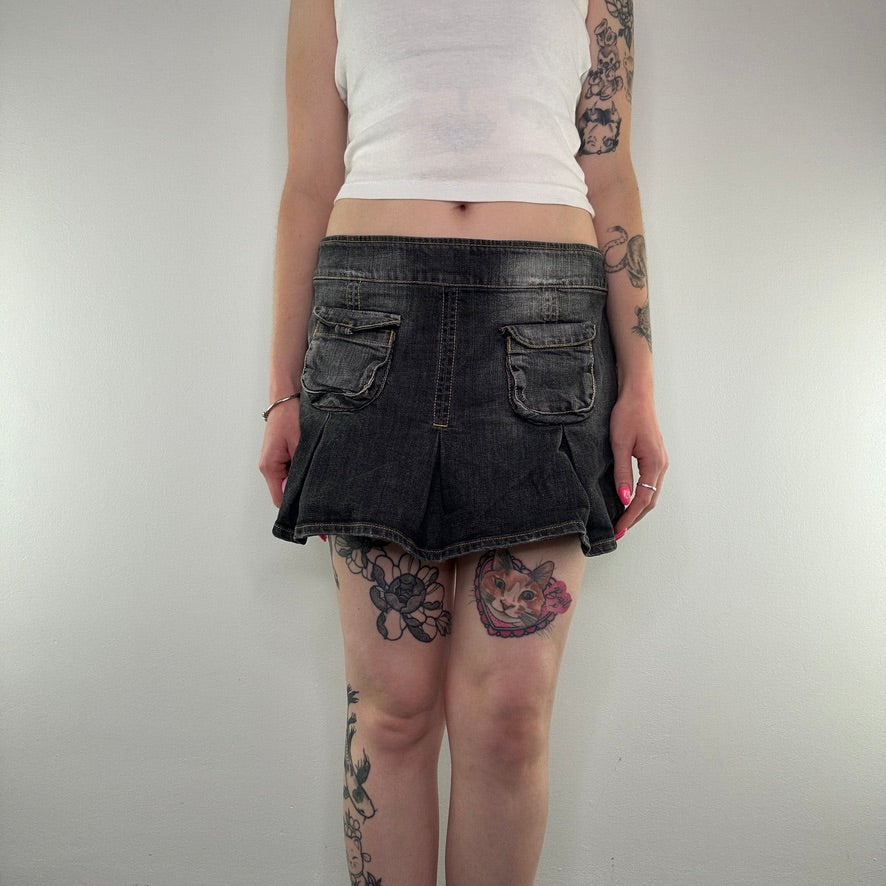 Y2K faded denim cargo pleated mini skirt